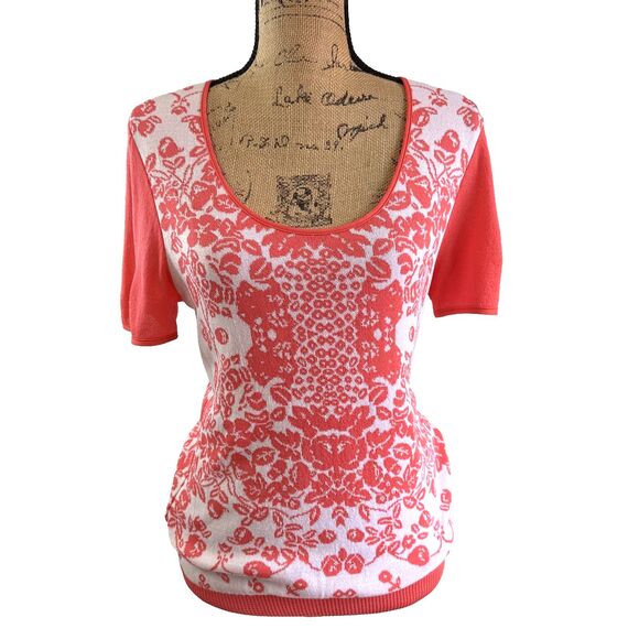 Tricot Chic Women Coral White Floral Short Sleeve Stretch Knit Sweater Top Sz 10 - Picture 5 of 13